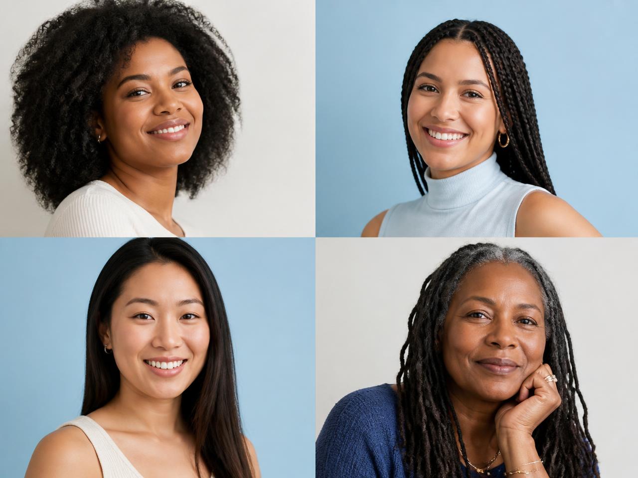 Four women with different skin tones, hair textures and ages