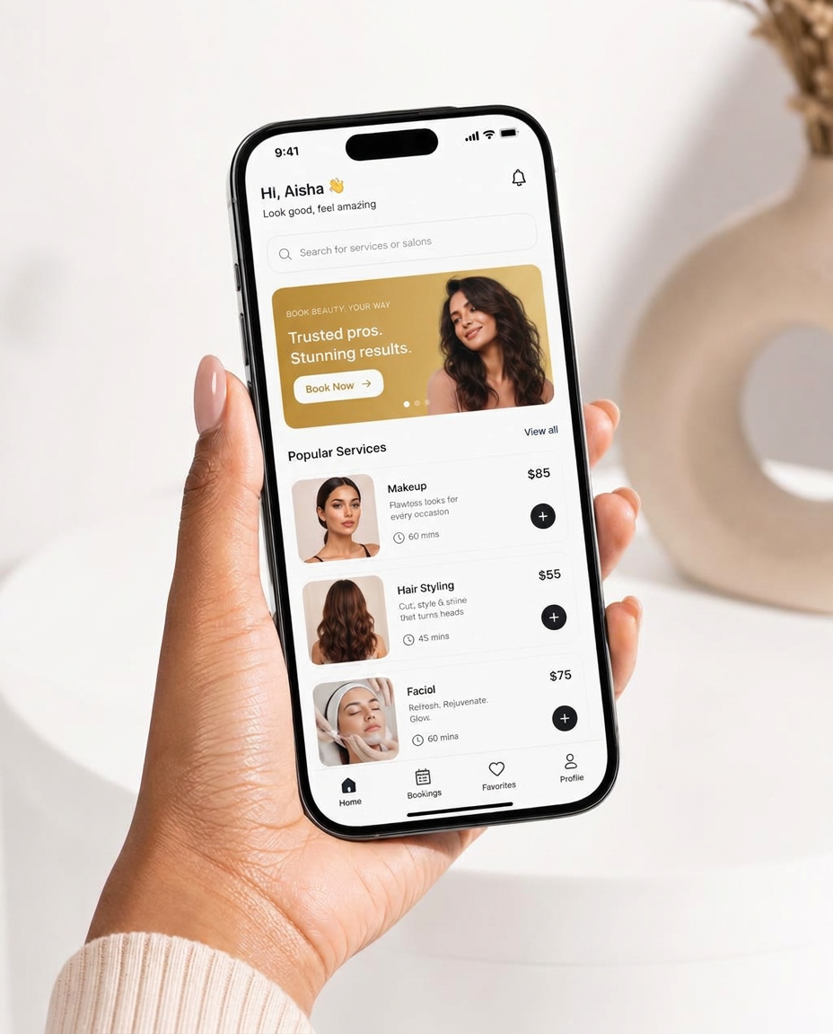 A woman browsing beauty services and prices in the BeautyER app on her phone